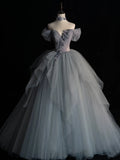 Modest Ball Gown Off The Shoulder Silver Tulle Prom Dresses Inspiration Party Gowns Princess Formal Dress HZ0311