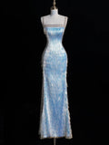 Glittering Mermaid Spaghetti Strap Blue Long Prom Dresses Inspo 18th Birthday Outfits Formal Dress HZ0311