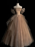 Elegant Ball Gown Off The Shoulder Champagne With Sleeves Tulle Inspiration Long Prom Dresses HZ0311