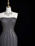 Sparkly Mermaid Strapless Silver Grey Sequins Senior Prom Dresses High School Long Formal Dress HZ0311