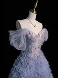 Princess Ball Gown Off The Shoulder Dusty Blue With Appliqued Tulle Long Formal Evening Dress Gowns Formal Prom Dresses HZ0311