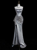 Whimsical Mermaid Strapless Silver Gray Sequin Pleated Bodice Long Prom Dresses Night Formal Dress HZ0311