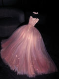 Glittery Ball Gown Strapless Pink Polka Dots Long Formal Evening Dress Formal 18th Birthday Gowns Prom Dresses HZ0311