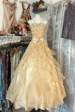 Modest Ball Gown Strapless Gold Organza Long Prom Dresses Party Dress 21st Birthday Outfits Graduation Gown HZ0311
