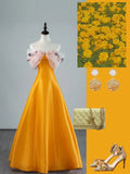 Modest A line Off The Shoulder Orange Appliqued Lace Satin Long Prom Dresses Night Formal Dresses HZ0311