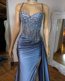Blue Mermaid Spaghetti Straps Dusty Blue Satin Long Appliques Prom Dress With Slit HZ0311