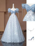 Fairytale Ball Gown Sweetheart With Puffy Sleeves Blue Tulle Long Formal Evening Dress Formal Birthday Gowns Prom Dresses HZ0311