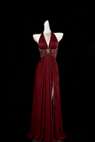 Vintage A Line Halter Burgundy Slit Wedding Guest Dress Satin With Beaded Long Prom Dresses Night Semi Formal Gown HZ0311
