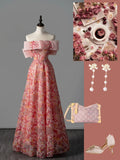 Modest A line Off The Shoulder Pink Sequin College Formal Outfit Long Prom Graduation Dresses For Teens HZ0311