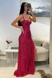 Glitter Bodycon Prom Dress with Sweetheart Neck Spaghetti Straps Ruched Side Slit For Teens High Schools HZ0311