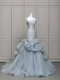Light Blue Mermaid Spaghetti Straps Pleated Prom Dresses Evening Formal Gown Semi Formal Grad Long Prom Dress For Teens HZ0311