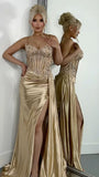 Mermaid Gold Prom Dresses Side Split Spaghetti Straps Sexy Special Dress Lace Appliques Beaded Party Gowns HZ0311