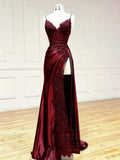 Classy Spaghetti Straps Mermaid Wine Red V Neck Satin Lace Long Prom Dresses Formal Dress HZ0311