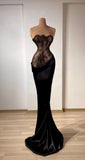 Women Sexy Elegant Strapless Velvet Bodycon Formal Gowns Evening Maxi Dress Black Prom Dress Aesthetic For Teens Party Outfits HZ0311