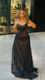 Sexy Mermaid Strapless Sequins Slit Side Black Long Prom Dresses Party Outfits Prom Gown HZ0311