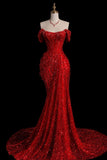 Sparkly Mermaid Off The Shoulder Red Sequin With Beaded Long Prom Dresses For Teens Girls Formal Dress Party Birthday Outfits HZ0311