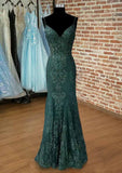 Trumpet/Mermaid V Neck Spaghetti Straps Long/Floor-Length Tulle Prom Dress With Appliqued Beading HZ0311