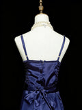 Vintage Night Aesthetic A Line Spaghetti Straps 80s 70s Navy Blue Teens College Formal Outfit Long Prom Graduation Dresses HZ0311