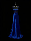 Modest A line Square Neck Royal Blue Satin With Beaded Bodice College Formal Outfit Long Prom Graduation Dresses For Teens HZ0311