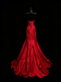 Elegant Mermaid Sweetheart Red Satin With Beadings Ruched Floor Length Inspiration Long Prom Dresses HZ0311