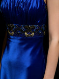 Modest A line Square Neck Royal Blue Satin With Beaded Bodice College Formal Outfit Long Prom Graduation Dresses For Teens HZ0311