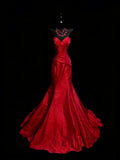 Elegant Mermaid Sweetheart Red Satin With Beadings Ruched Floor Length Inspiration Long Prom Dresses HZ0311