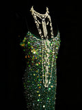 Vintage Mermaid Spaghetti Straps Green Sequin With Beads Bodice College Formal Outfit Long Prom Graduation Dresses For Teens HZ0311