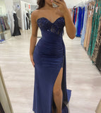 Sparkly Mermaid Sweetheart Navy Blue Beaded Long Formal Gowns Prom Dresses With Slit Evening Dress HZ0311