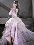 Princess High Low Strapless Purple Satin With Lace Prom Dresses Long Party Dress Grad Formal Evening Gowns HZ0311