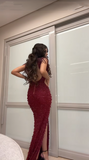 Gorgeous Mermaid V Neck Burgundy Sequins Beaded Bodice Prom Dresses Long Formal Party Gown HZ0311