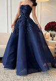 Elegant Navy Blue Strapless Appliques A Line Prom Dress Evening Dress Vestidos De Dia HZ0311
