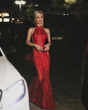 Sparkly Sequin Mermaid High Neck Burgundy Sequin With Beads Prom Dresses Inspiration Evening Gowns For Women Formal Party Dress HZ0311
