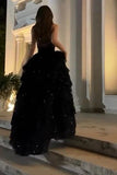 Sparkly Ball Gown Strapless Black Prom Dresses Fashion Evening With Slit Sequin Long Formal Party Gowns HZ0311