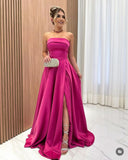 Simple A line Strapless Hot Pink Satin With Slit Long Prom Dresses Formal Party Gown Inspo Evening Outfit HZ0311
