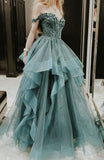 Modest Ball Gown Off The Shoulder Tulle Lace Appliqued Long Prom Dress Evening Formal Gowns HZ0311