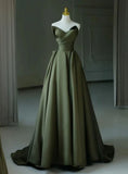 Graceful A line Strapless Green Satin Strapless Pleats Prom Dress Party Gowns HZ0311