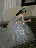 Timeless Ball Gown Strapless Silver Sequin Long Prom Dresses Inspiration Party Dress Prom Gowns HZ0311
