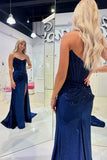 Elegant Mermaid Strapless Navy Blue With Beads Slit Long Formal Prom Evening Dress Dinner Outfits Party Gowns HZ0311