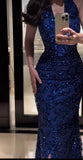 Modest Mermaid V Neck Royal Blue With Slit Sequined Long Prom Dresses Formal Party Dress Prom Gown HZ0311