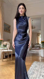 Chic Mermaid Scoop Neck Navy Blue Satin Pleated Sleeveless Long Party Women Prom Dresses HZ0311