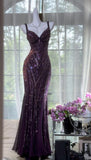 Vintage V Neck Dark Purple Chiffon Sequin Mermaid Long Party Gown Evening Dress 20th Birthday Outfits HZ0311