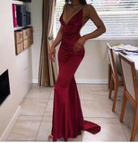 Sexy Mermaid Spaghetti Straps Red Satin Evening For Women Party Dresses Long Formal Prom Dresses 21st Birthday Gowns HZ0311