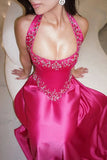 Elegant Fuchsia Halter Sleeveless Satin Prom Dress A-Line Long With Gem Graduation Gown HZ0311