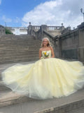 Unique Ball Gown Sweetheart Yellow Tulle with Lace Applique Evening Dresses Long Prom Dress HZ0311
