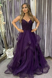 Modest Purple tulle long A line prom dress with beads Formal Party Gown HZ0311