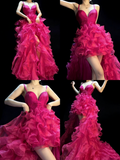 Elegant High Low Sweetheart Hot Pink Organza Floor Length Inspiration Long Prom Dress HZ0311