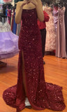 Timeless Mermaid Halter Burgundy Slit Sequin Long Prom Dresses Inspiration Party Dress Prom Gowns HZ0311