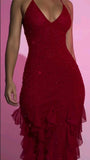 Unique Sheath Spaghetti Straps Burgundy Chiffon Sequins Prom Dresses Long Party Dress Birthday Outfits Prom Gown HZ0311