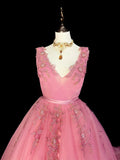 Modest Ball Gown V Neck Pink Tulle Long Prom Dresses Inspiration Party Gowns Princess Formal Dress HZ0311
