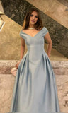 Chic A Line V Neck Blue Satin Pleated Sleeveless Long Party Formal Women Prom Dresses HZ0311